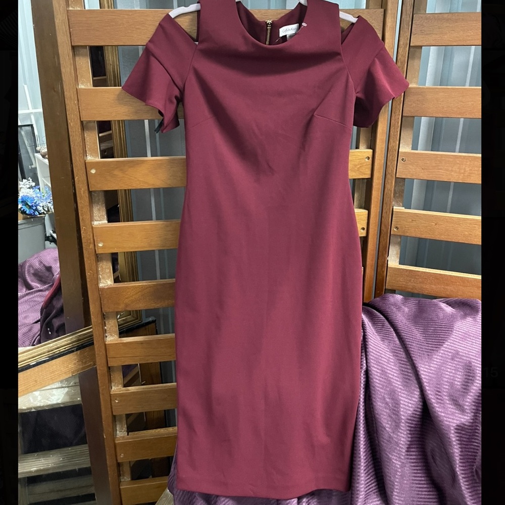 Deep Maroon Calvin Klein Cold Shoulder Dress w/ Zip Back